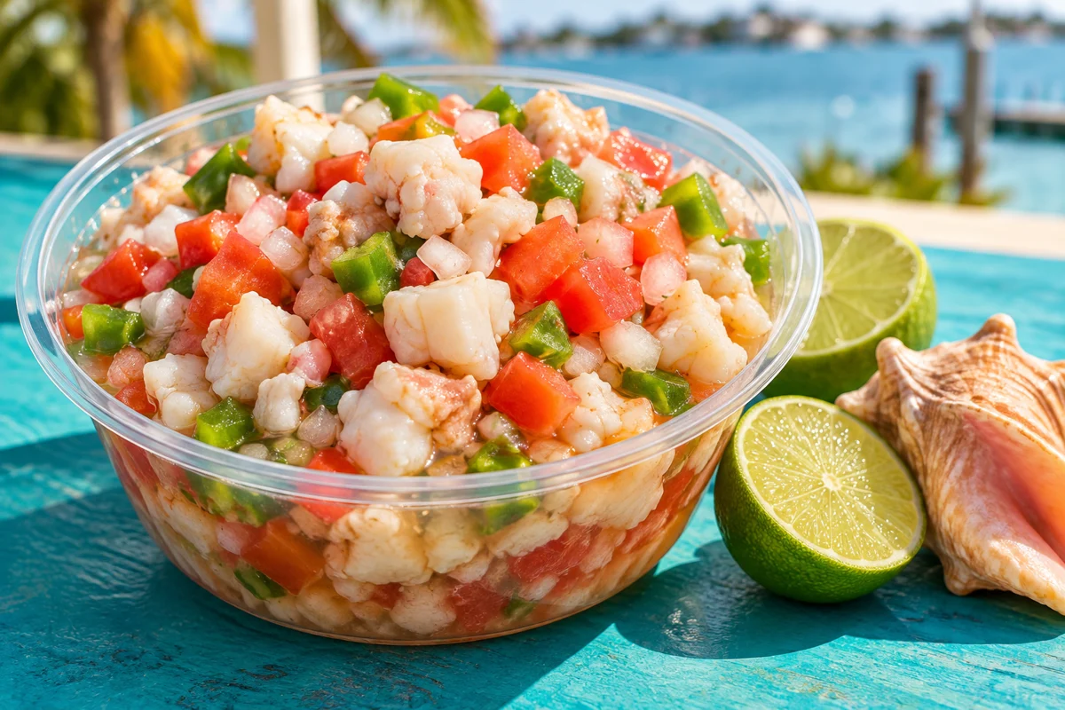 Bahamian conch salad with tomatoes, onions, green peppers, and lime